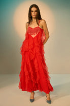 Lexa Embroidered Dress women's red tulle maxi dress featuring dramatic cascading ruffles, delicate spaghetti straps and a statement beaded heart embellishment on the bodice, creating a glamorous flowing silhouette for cocktail parties, evening celebrations, special events and statement occasions.
