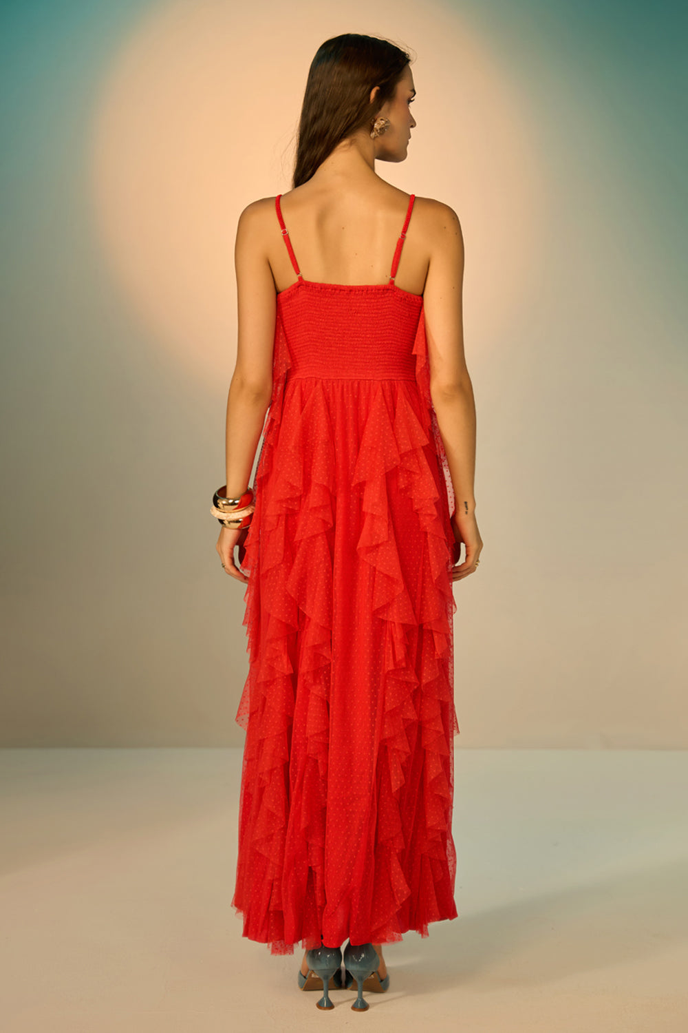 Baxk view of Lexa Embroidered Dress women's red tulle maxi dress featuring dramatic cascading ruffles, delicate spaghetti straps and a statement beaded heart embellishment on the bodice, creating a glamorous flowing silhouette for cocktail parties, evening celebrations, special events and statement occasions.