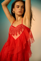 Lexa Embroidered Dress women's red tulle maxi dress featuring dramatic cascading ruffles, delicate spaghetti straps and a statement beaded heart embellishment on the bodice, creating a glamorous flowing silhouette for cocktail parties, evening celebrations, special events and statement occasions.