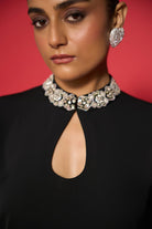 Closeup view of Lexi Embroidered Dress women's embroidered dress featuring intricate decorative detailing and a statement silhouette, styled for festive gatherings, evening celebrations, resort dinners and special occasions.