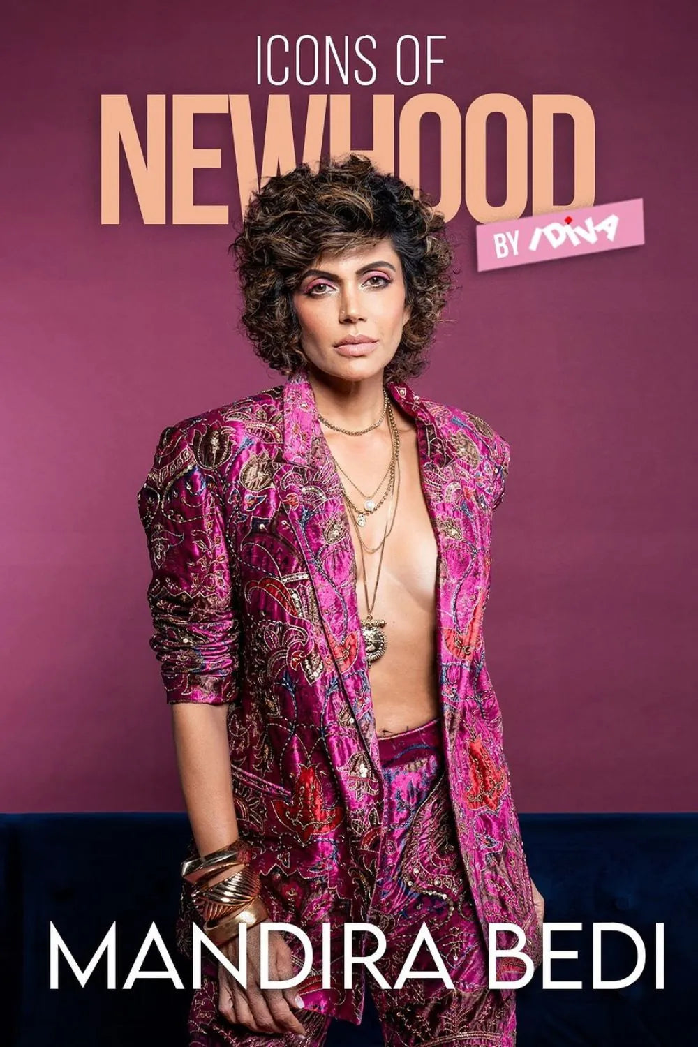 Mandira Bedi wearing the Ramona Jacket & Pants Set, a women's ruby pink velvet co-ord featuring a structured jacket and matching tailored pants with intricate thread and sequin detailing, styled for cocktail parties, festive celebrations, evening events and glamorous occasions.
