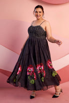 Marlena Corset Dress women's black organza maxi dress featuring a structured corset bodice, floral print and delicate sequin embellishments, combining a fitted upper silhouette with an elegant floor-length design, styled for cocktail parties, formal celebrations, evening events and special occasions.