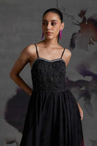 Marlena Corset Dress women's black organza maxi dress featuring a structured corset bodice, floral print and delicate sequin embellishments, combining a fitted upper silhouette with an elegant floor-length design, styled for cocktail parties, formal celebrations, evening events and special occasions.
