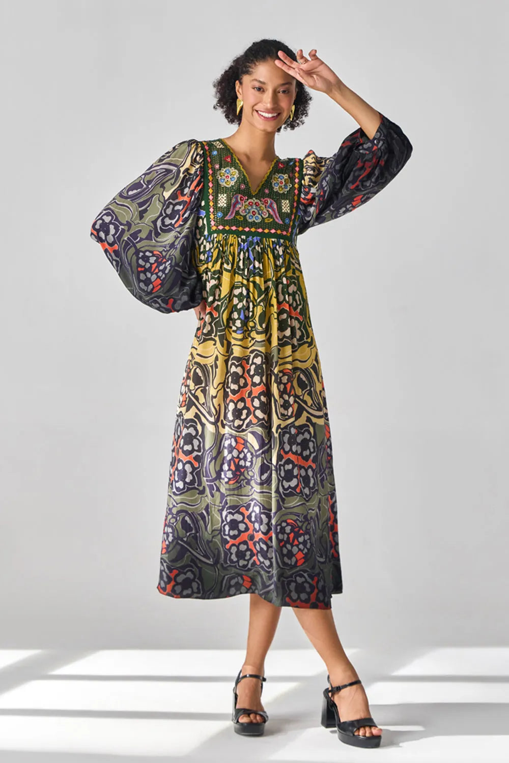 Mau Dress women's ombre viscose crepe dress featuring gradient hues and intricate thread and sequin detailing along the yoke, creating an elegant silhouette with subtle sparkle, styled for summer celebrations, resort evenings, dinner parties and day-to-evening occasions.