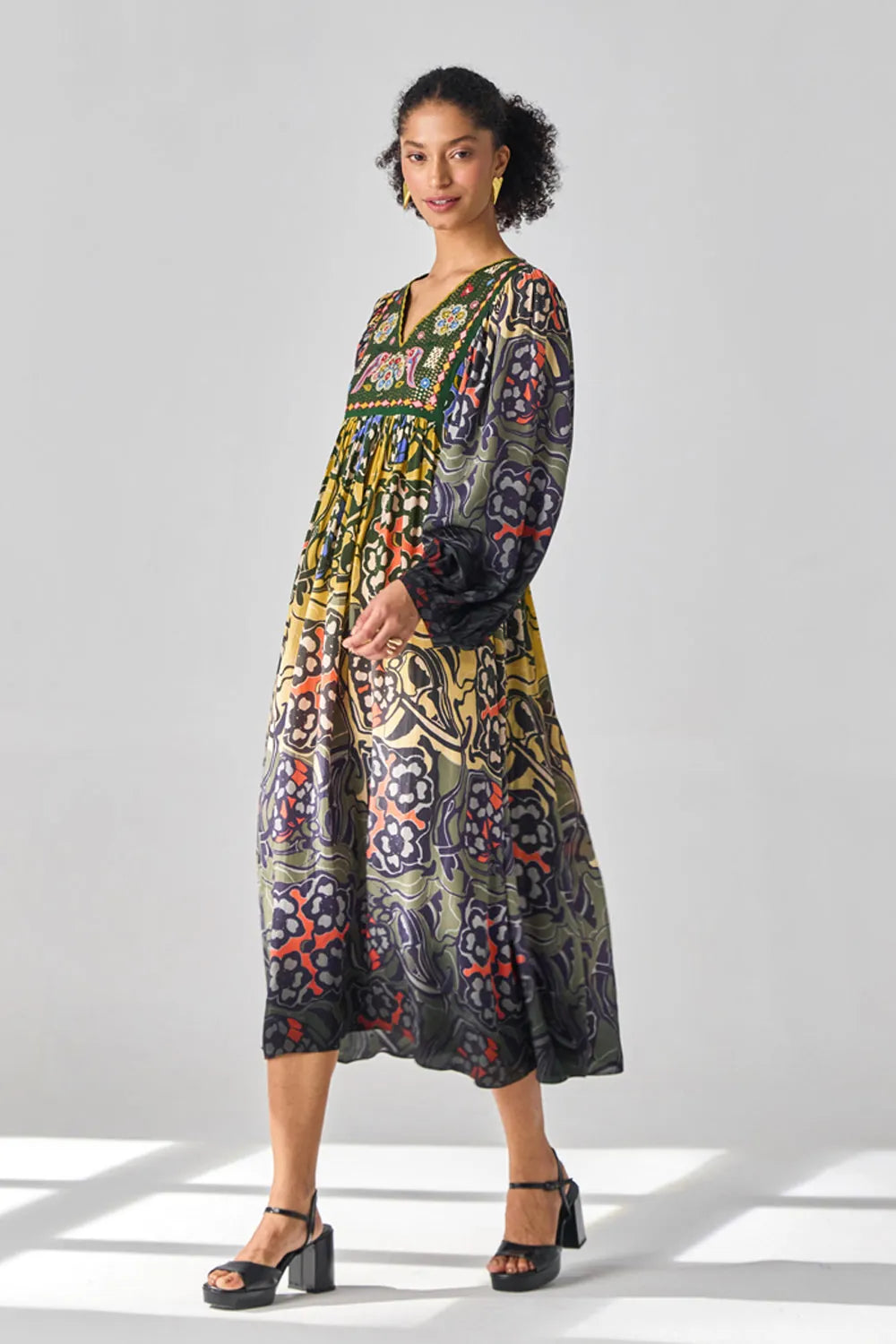 Mau Dress women's ombre viscose crepe dress featuring gradient hues and intricate thread and sequin detailing along the yoke, creating an elegant silhouette with subtle sparkle, styled for summer celebrations, resort evenings, dinner parties and day-to-evening occasions.