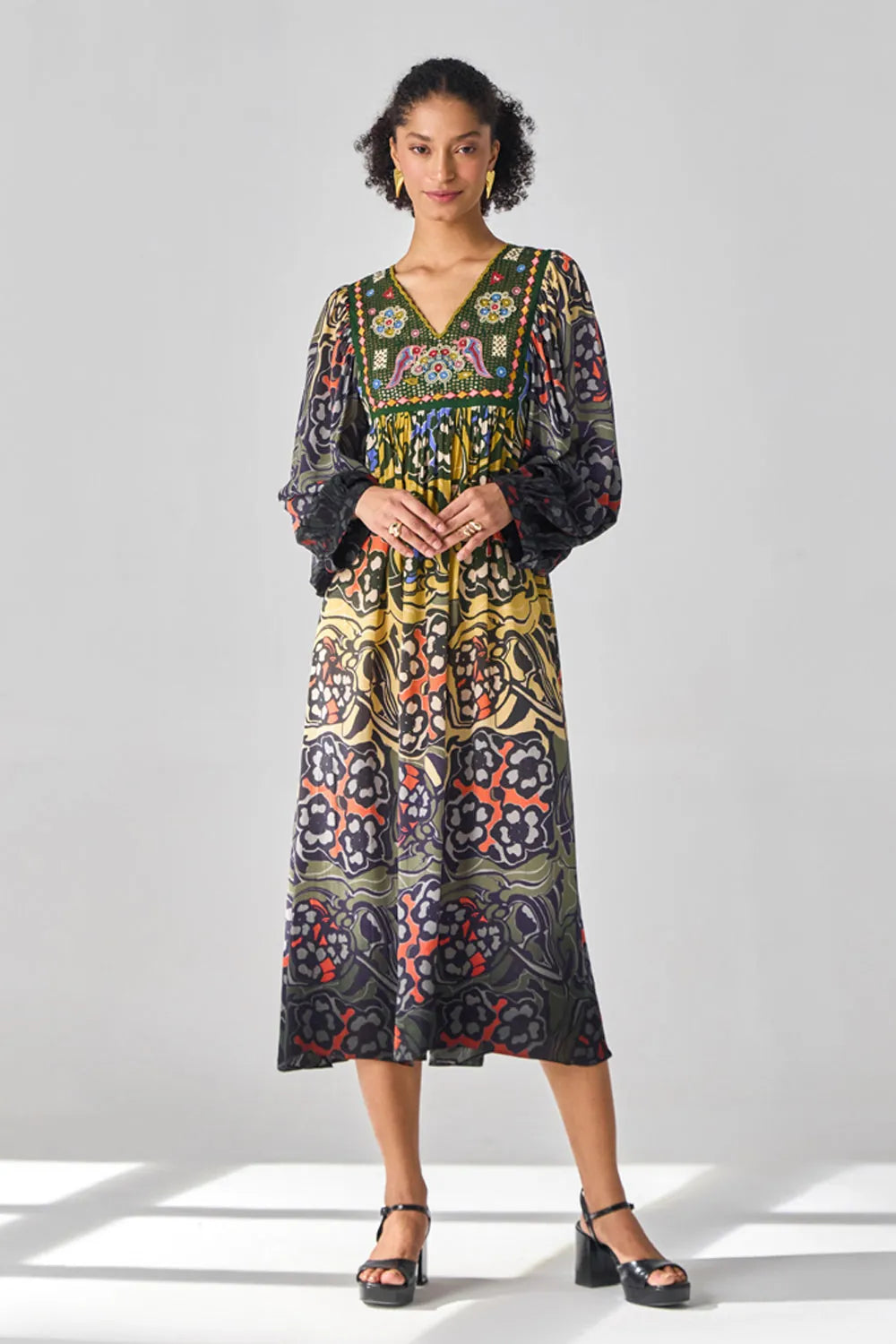 Mau Dress women's ombre viscose crepe dress featuring gradient hues and intricate thread and sequin detailing along the yoke, creating an elegant silhouette with subtle sparkle, styled for summer celebrations, resort evenings, dinner parties and day-to-evening occasions.