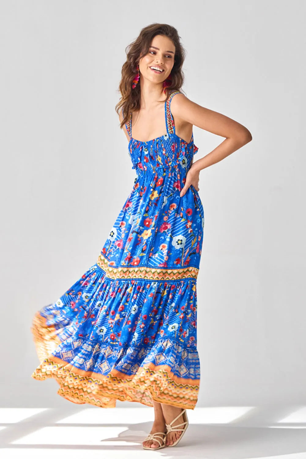 Mavis Maxi Dress women's maxi dress featuring a flowing silhouette and distinctive contemporary design, styled for summer holidays, resort vacations, brunches and special occasions.