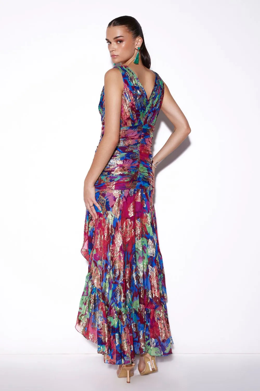 Back view of Mayukhi Dress women's statement dress featuring a feminine silhouette and elegant design details, styled for summer celebrations, resort outings, festive gatherings and special occasions.