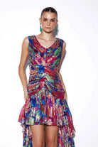 Closeup look of Mayukhi Dress women's statement dress featuring a feminine silhouette and elegant design details, styled for summer celebrations, resort outings, festive gatherings and special occasions.