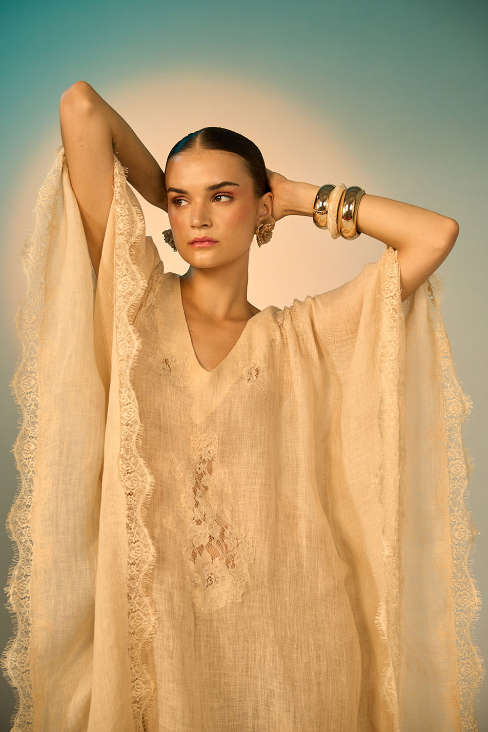 Closeup look of Miami Linen Coverup women's linen cover-up featuring a lightweight, breathable fabric and relaxed flowing silhouette, designed for layering over swimwear during beach holidays, resort vacations, poolside lounging and warm-weather getaways.
