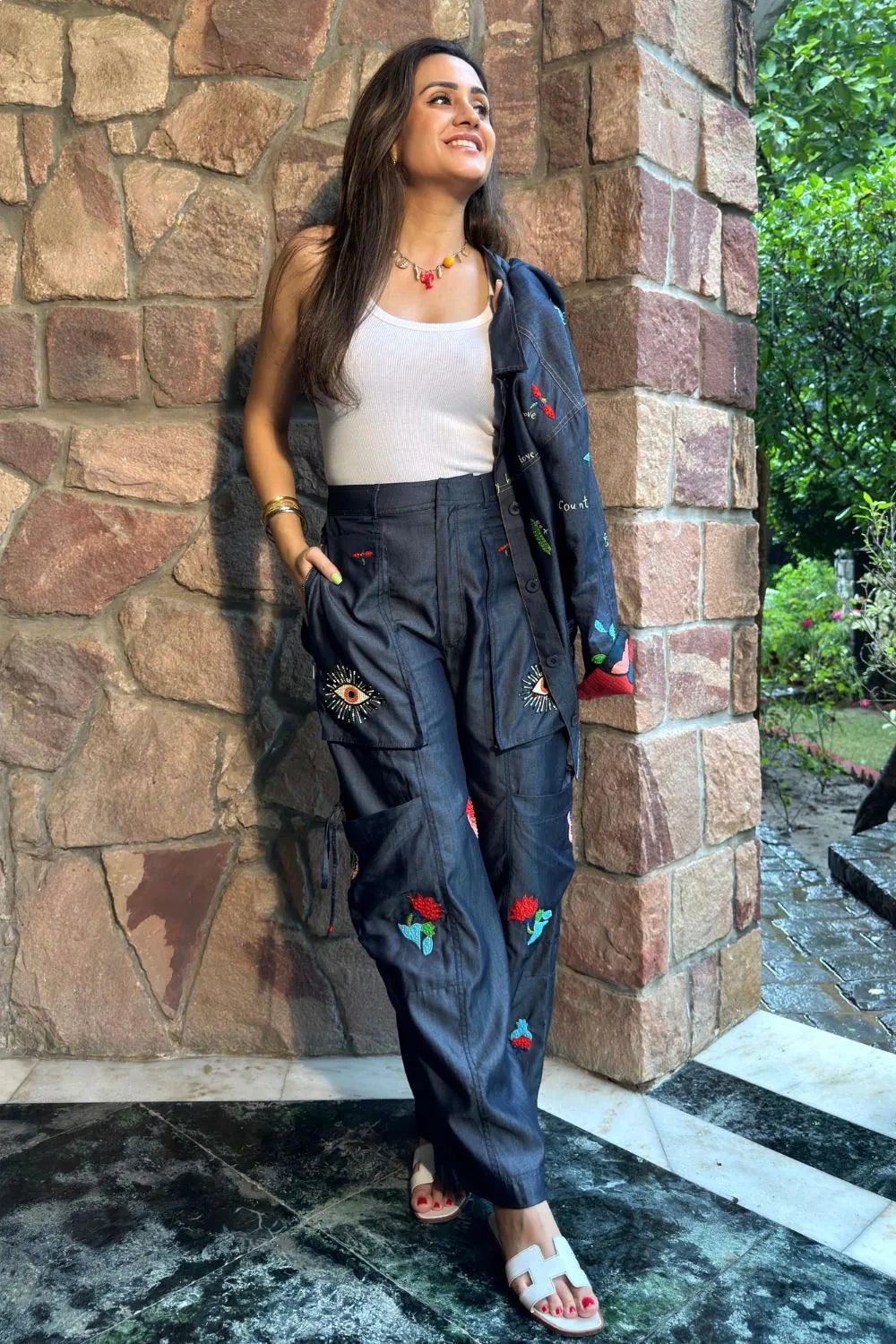 Mitali Wadhwa wearing the Soha Shirt & Pants Set, a women's coordinated outfit featuring a statement shirt and matching pants with a relaxed, contemporary silhouette, styled for summer outings, resort vacations, brunches and elevated casual occasions.