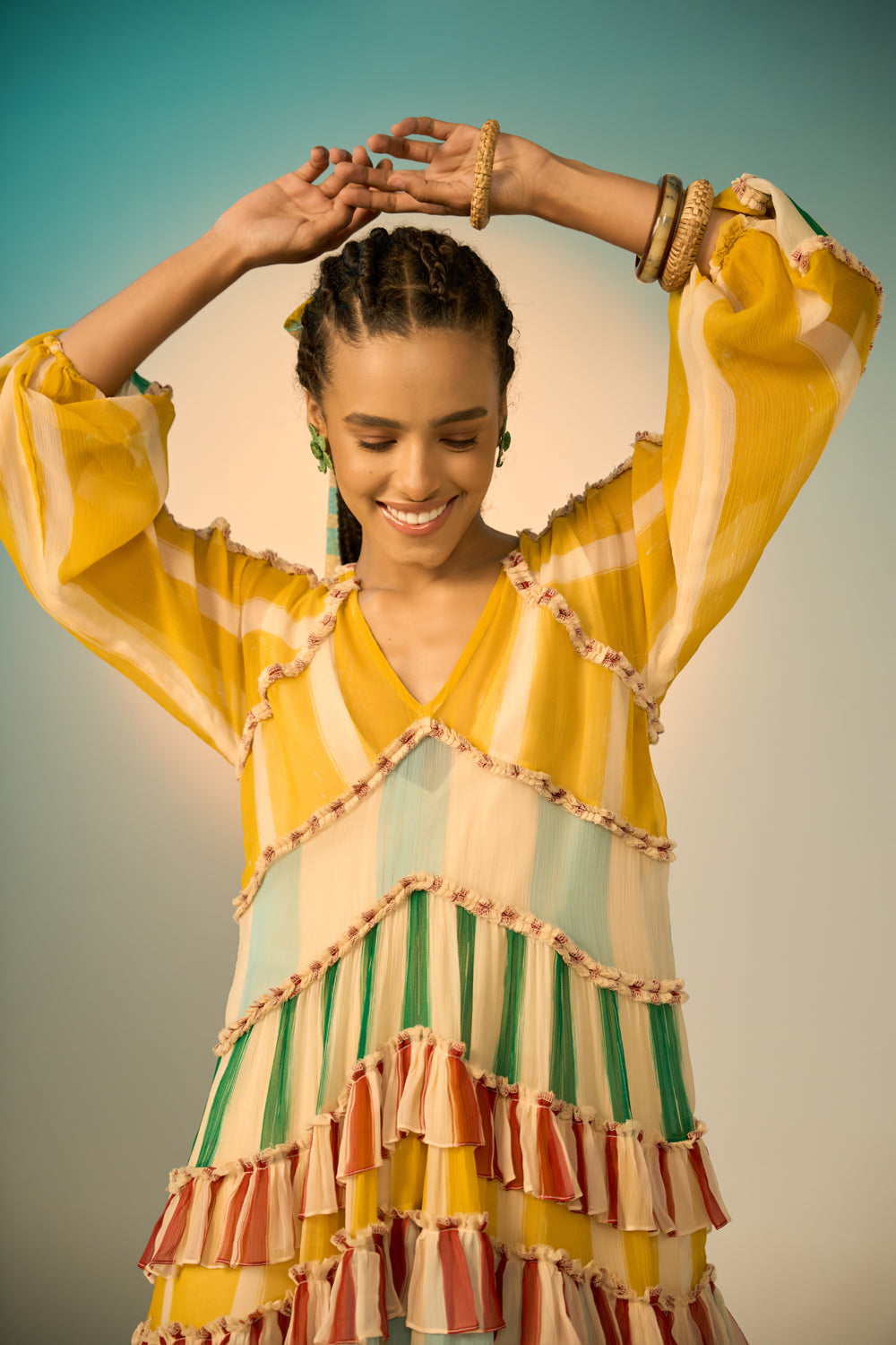 Closeup look of Nina Dress women's dress featuring an elegant silhouette and refined contemporary design, styled for summer brunches, resort vacations, daytime gatherings and special occasions.
