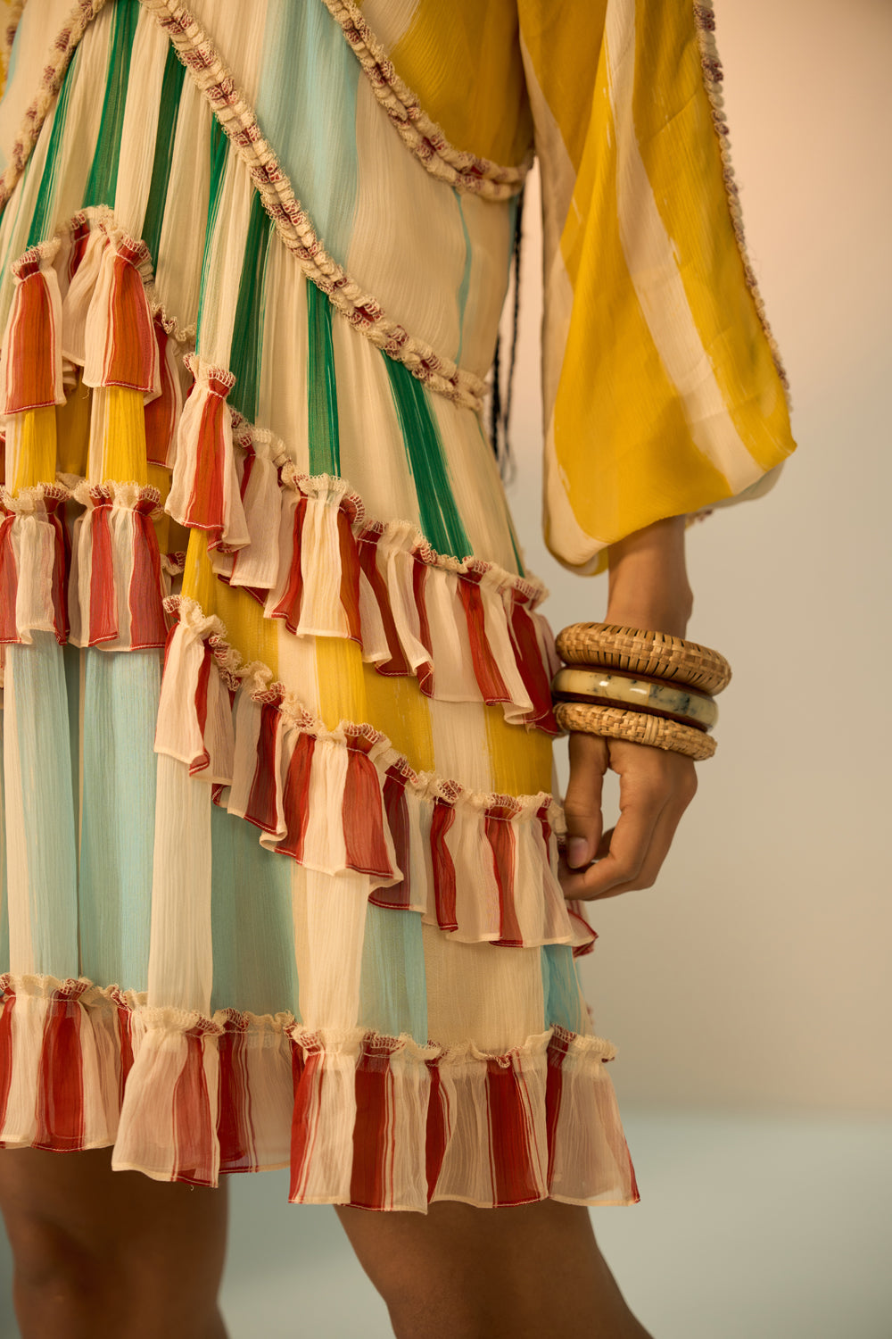 Detailed view of Nina Dress women's dress featuring an elegant silhouette and refined contemporary design, styled for summer brunches, resort vacations, daytime gatherings and special occasions.