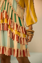 Detailed view of Nina Dress women's dress featuring an elegant silhouette and refined contemporary design, styled for summer brunches, resort vacations, daytime gatherings and special occasions.