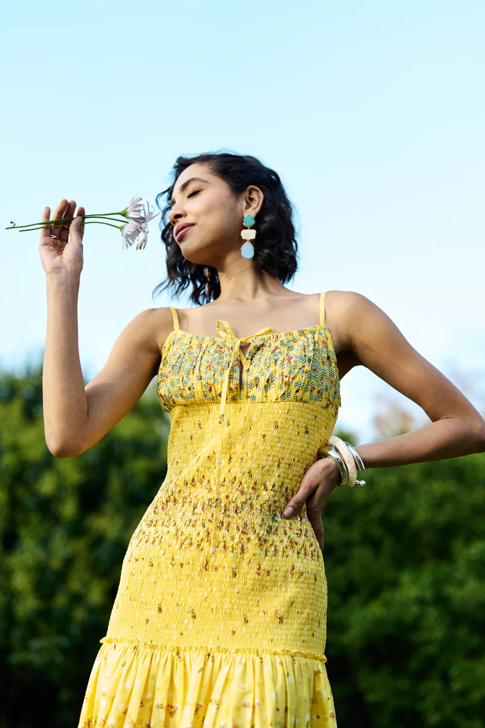 Ocher Dress women's ochre-toned dress featuring a contemporary silhouette and elegant design details, styled for summer brunches, resort vacations, daytime gatherings and special occasions.