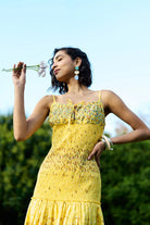 Ocher Dress women's ochre-toned dress featuring a contemporary silhouette and elegant design details, styled for summer brunches, resort vacations, daytime gatherings and special occasions.