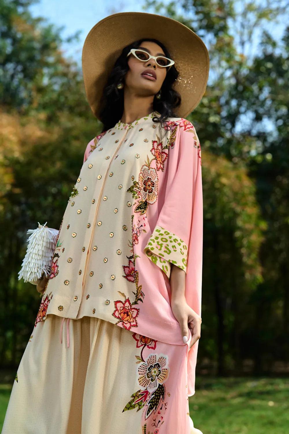 Percy Embroidered Cape With Pants Set women's coordinated outfit featuring an embroidered cape paired with matching pants, combining decorative detailing with a flowing silhouette, styled for resort vacations, festive gatherings, summer celebrations and elegant evening occasions.