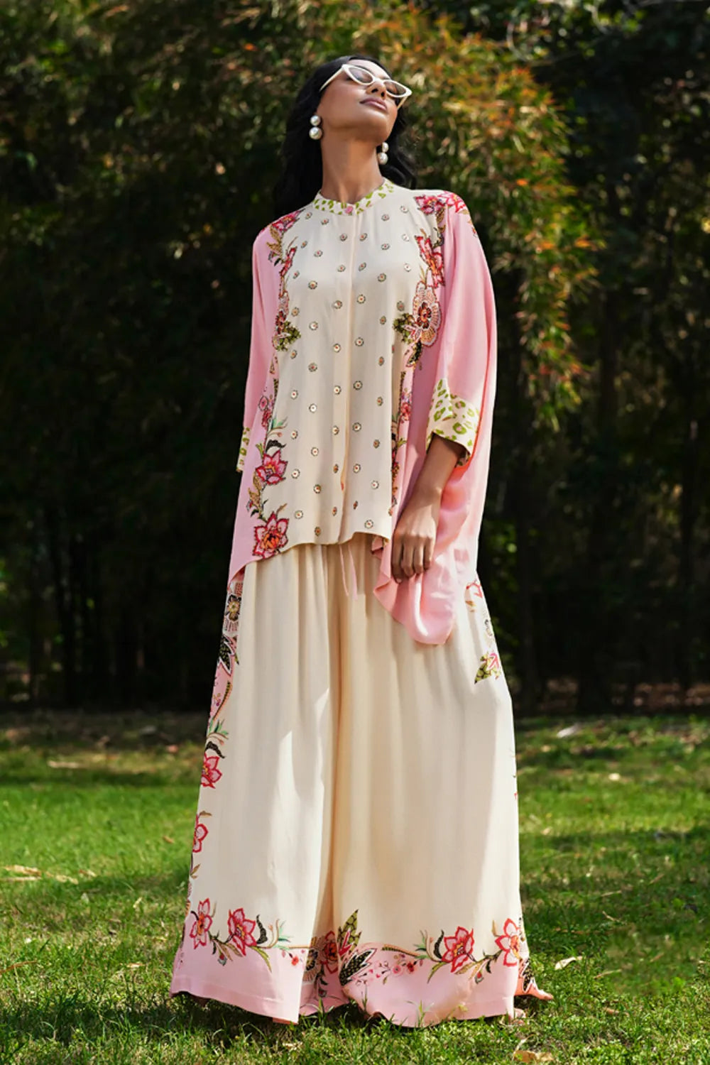 Percy Embroidered Cape With Pants Set women's coordinated outfit featuring an embroidered cape paired with matching pants, combining decorative detailing with a flowing silhouette, styled for resort vacations, festive gatherings, summer celebrations and elegant evening occasions.