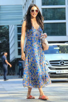 Rakul Preet Singh wearing the Insia Spaghetti Dress, a women's cobalt blue viscose georgette maxi dress featuring a vibrant multicolour print, delicate spaghetti straps and a flowing 54-inch silhouette, styled for summer holidays, beach getaways, resort evenings and destination celebrations.