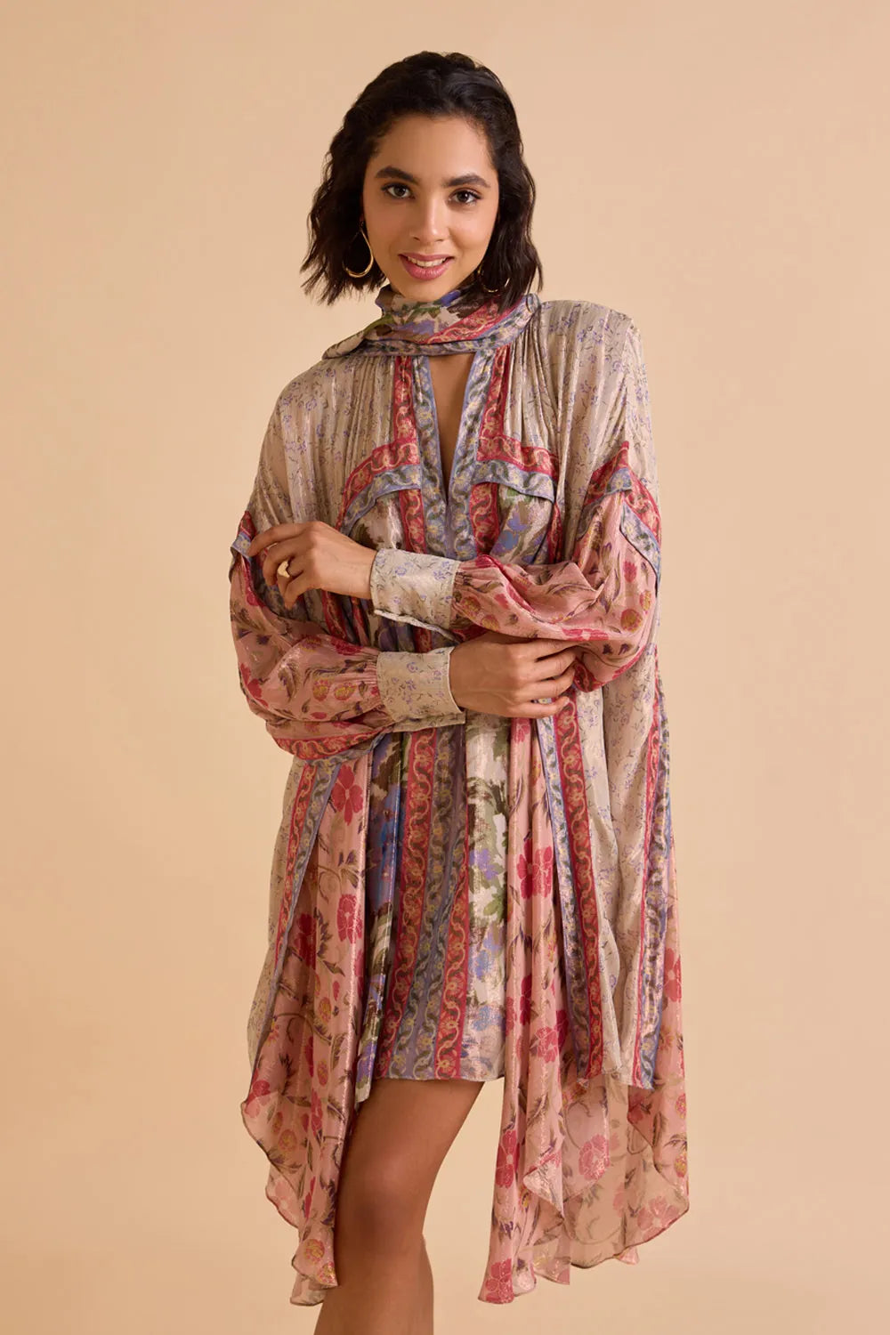 Rilla Dress women's multicolour viscose Lurex Georgette swing dress featuring a jacquard colour-blocked print, chic scarf neckline and asymmetric high-low hem, designed with a relaxed non-waisted silhouette for resort vacations, summer brunches, holiday outings and statement daytime occasions.