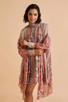 Rilla Dress women's multicolour viscose Lurex Georgette swing dress featuring a jacquard colour-blocked print, chic scarf neckline and asymmetric high-low hem, designed with a relaxed non-waisted silhouette for resort vacations, summer brunches, holiday outings and statement daytime occasions.