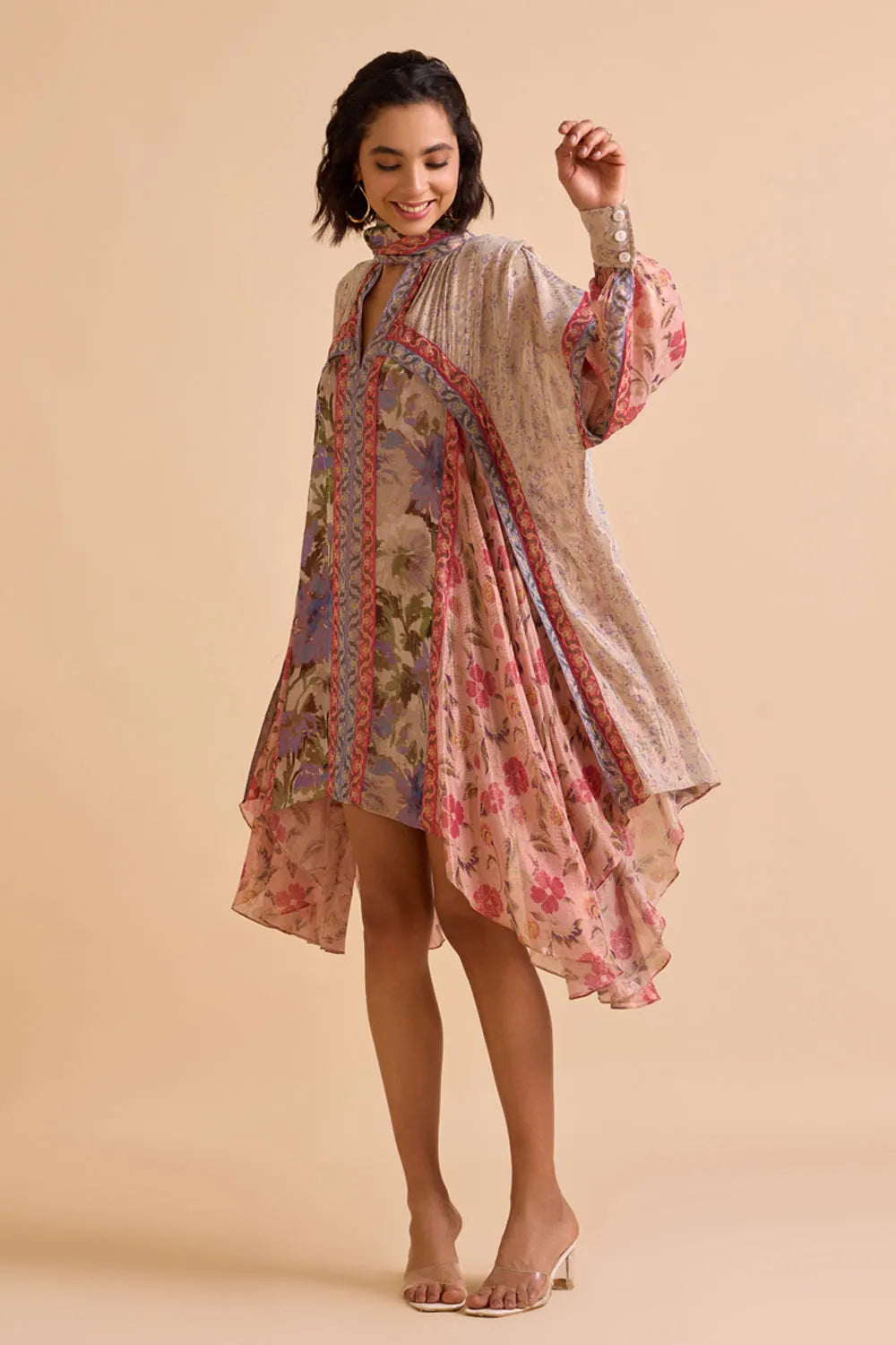 Rilla Dress women's multicolour viscose Lurex Georgette swing dress featuring a jacquard colour-blocked print, chic scarf neckline and asymmetric high-low hem, designed with a relaxed non-waisted silhouette for resort vacations, summer brunches, holiday outings and statement daytime occasions.