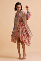 Rilla Dress women's multicolour viscose Lurex Georgette swing dress featuring a jacquard colour-blocked print, chic scarf neckline and asymmetric high-low hem, designed with a relaxed non-waisted silhouette for resort vacations, summer brunches, holiday outings and statement daytime occasions.