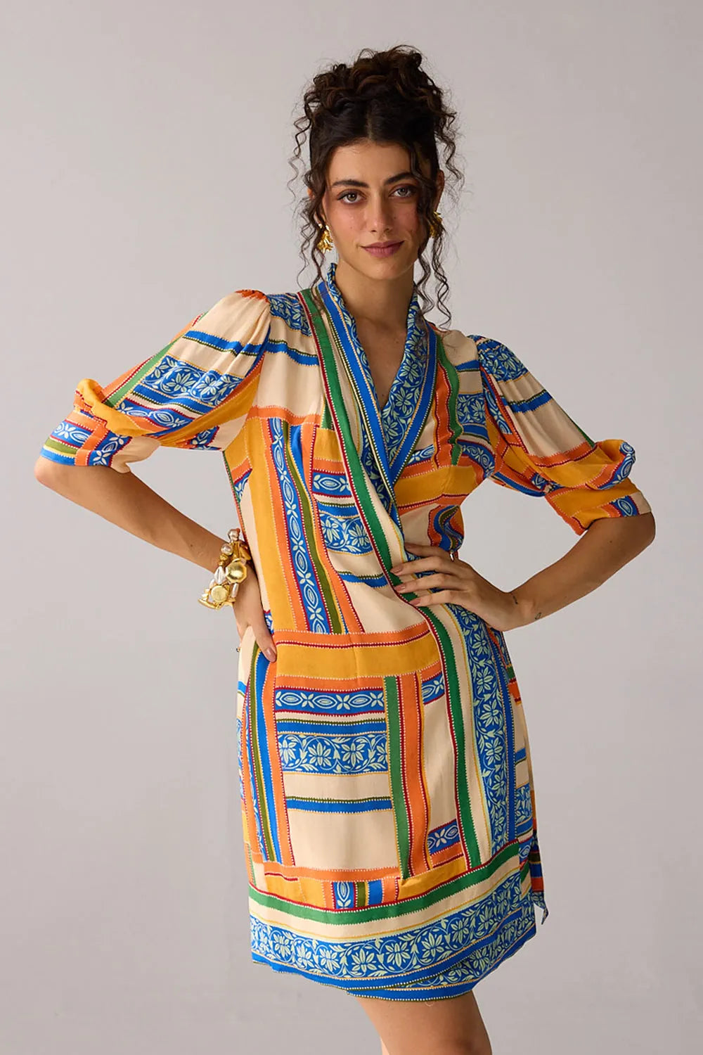 Closeup look of Rosie Wrap Dress women's wrap-style dress featuring a flattering waist-defining design and feminine silhouette, styled for summer brunches, resort vacations, garden parties and daytime celebrations.
