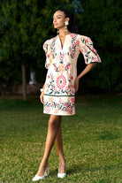 Full View of Saanvi Dress women's statement dress featuring a feminine silhouette and contemporary design details, styled for summer brunches, resort holidays, daytime gatherings and special occasions.