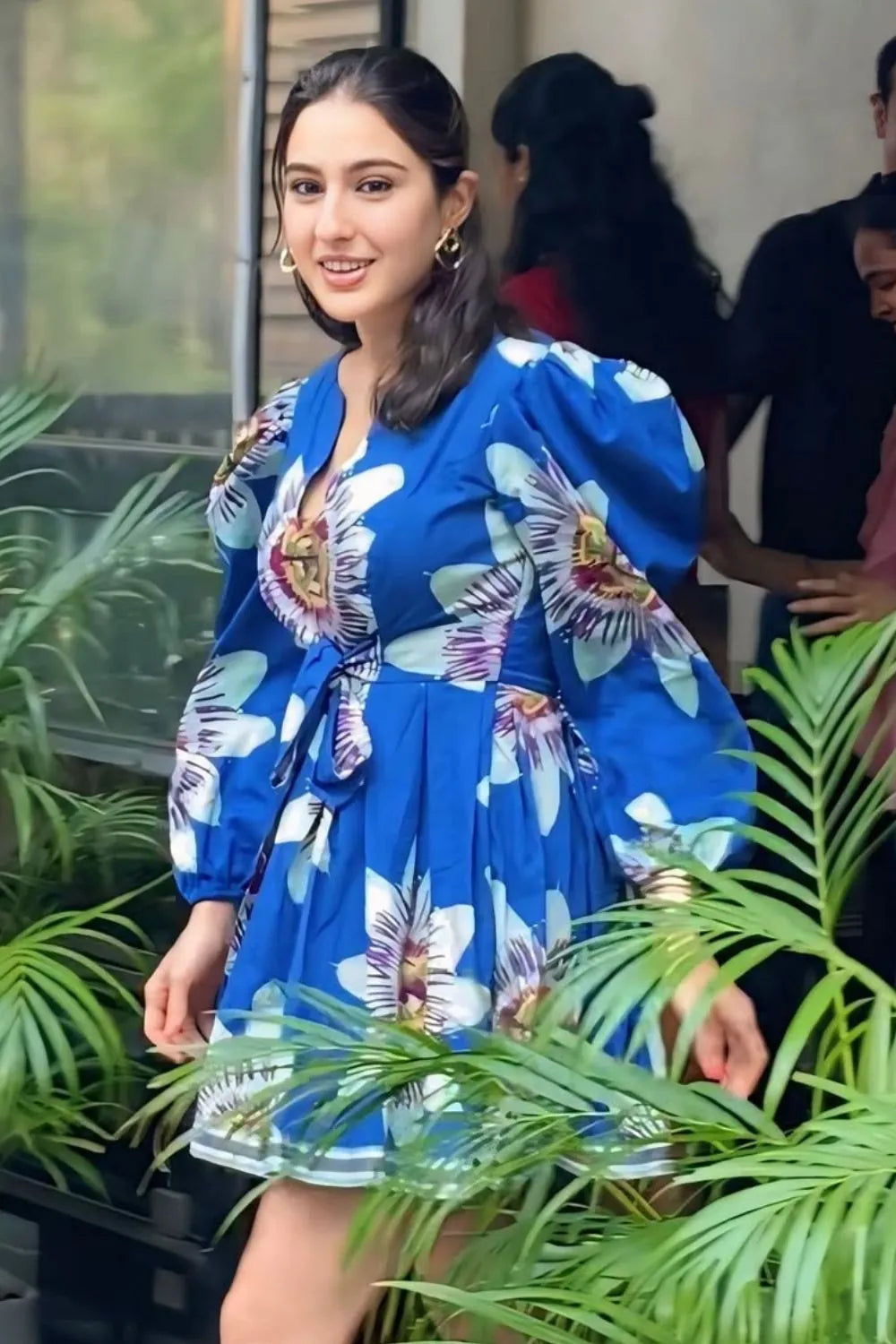 Sara Ali Khan in Amara Mini Dress, a women's cobalt blue cotton satin mini dress featuring a vibrant printed design, a relaxed swing silhouette and a flattering above-the-knee length, styled for summer outings, resort holidays, brunches and daytime celebrations.