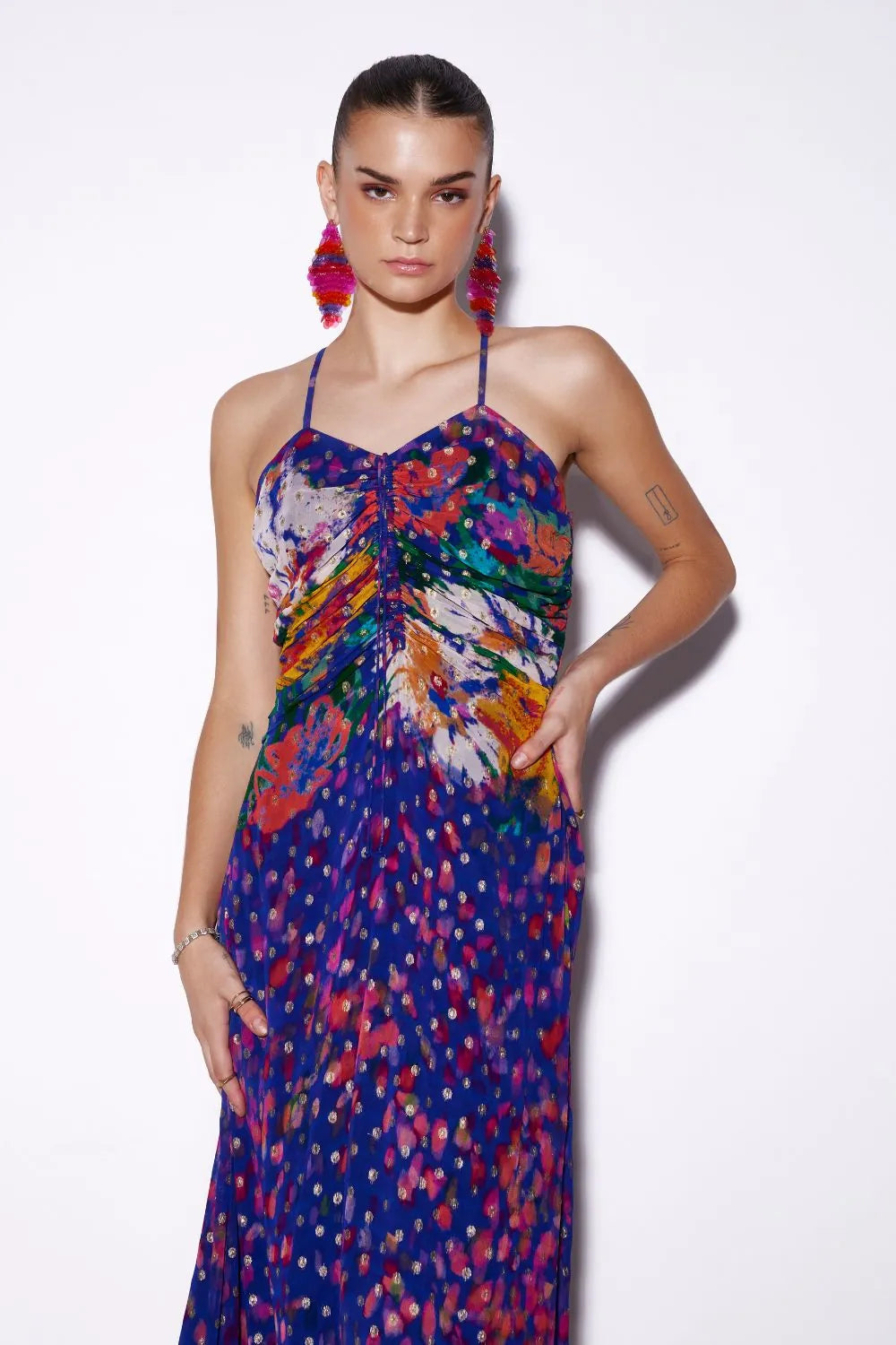 Closeup Sasha Dress women's dress featuring a contemporary silhouette and distinctive design details, styled for summer brunches, resort vacations, daytime outings and casual celebrations.