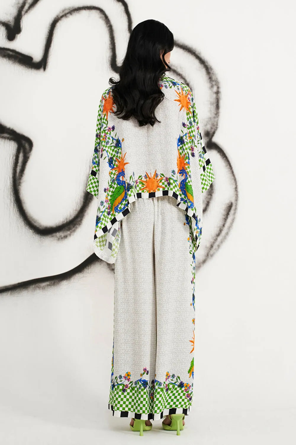 Shea Cape With Pants women's multicolour viscose georgette co-ord set featuring a flowing printed cape with dramatic sleeves and matching relaxed wide-leg pants, combining an artistic multicolour print with fluid movement, styled for festive celebrations, resort evenings, destination gatherings and special occasions.