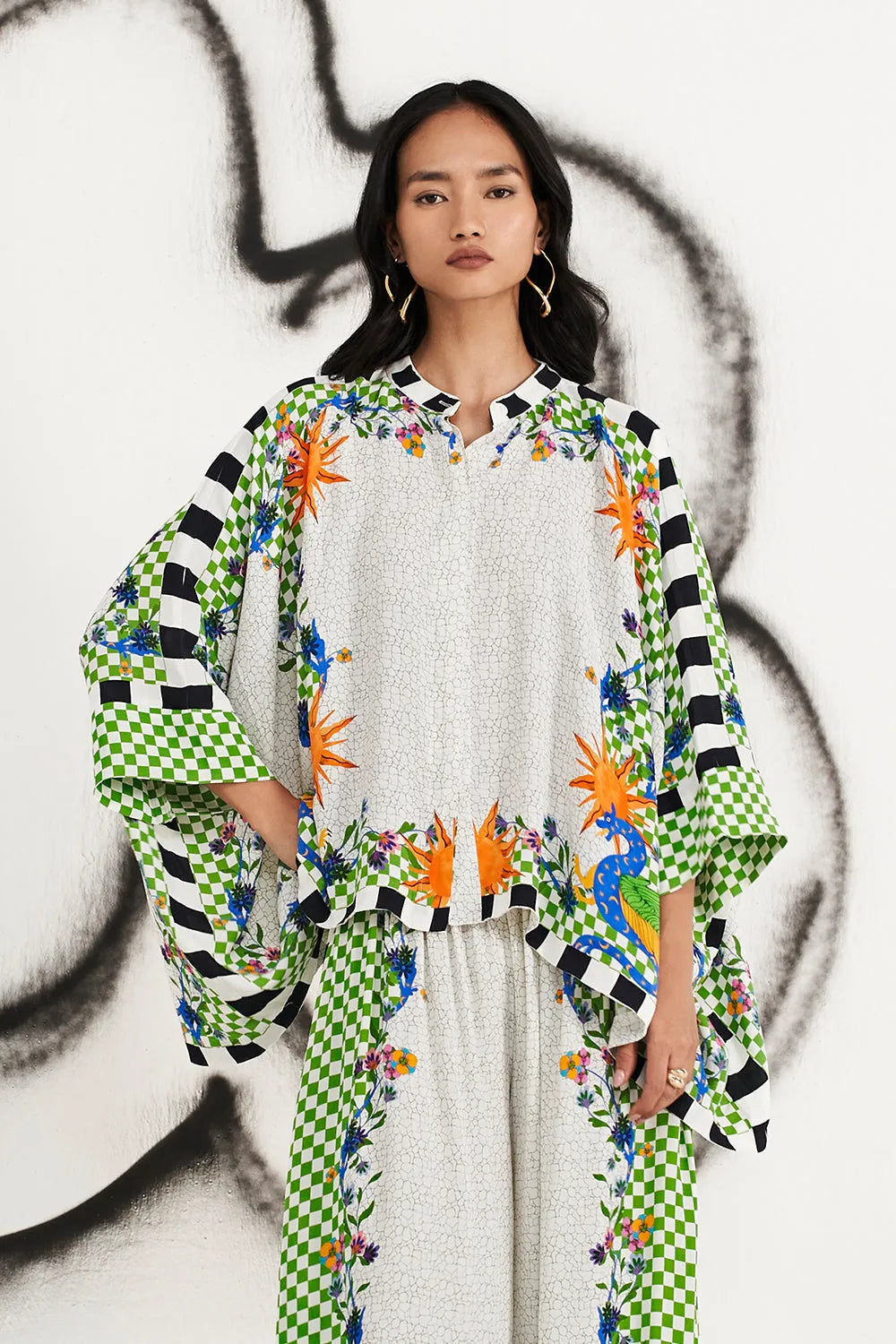 Shea Cape With Pants women's multicolour viscose georgette co-ord set featuring a flowing printed cape with dramatic sleeves and matching relaxed wide-leg pants, combining an artistic multicolour print with fluid movement, styled for festive celebrations, resort evenings, destination gatherings and special occasions.