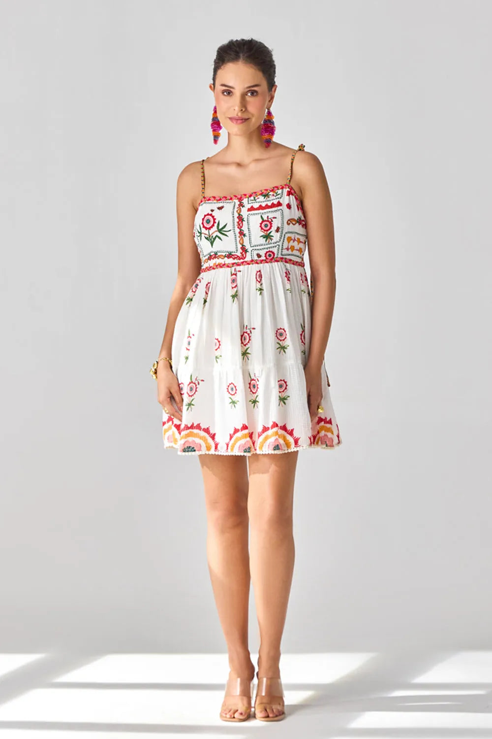 Tashi Embroidered Mini Dress women's mini dress featuring intricate embroidery, decorative embellishments and a flattering contemporary silhouette, styled for summer brunches, resort vacations, festive gatherings and special occasions.