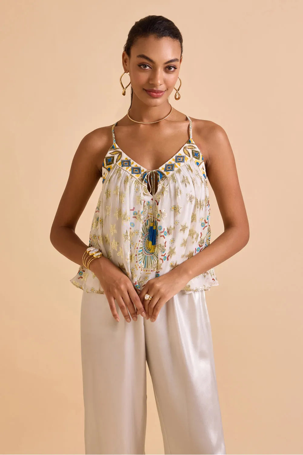 Zita Beaded Blouse women's statement blouse featuring intricate bead embellishments and a refined silhouette, designed to elevate coordinated outfits, styled for festive gatherings, resort dinners, cocktail parties and special occasions.