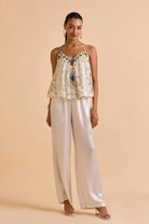 Zita Beaded Blouse With Pants women's coordinated outfit featuring a statement beaded blouse paired with matching pants, combining decorative craftsmanship with a polished silhouette, styled for festive celebrations, evening gatherings, resort dinners and special occasions.