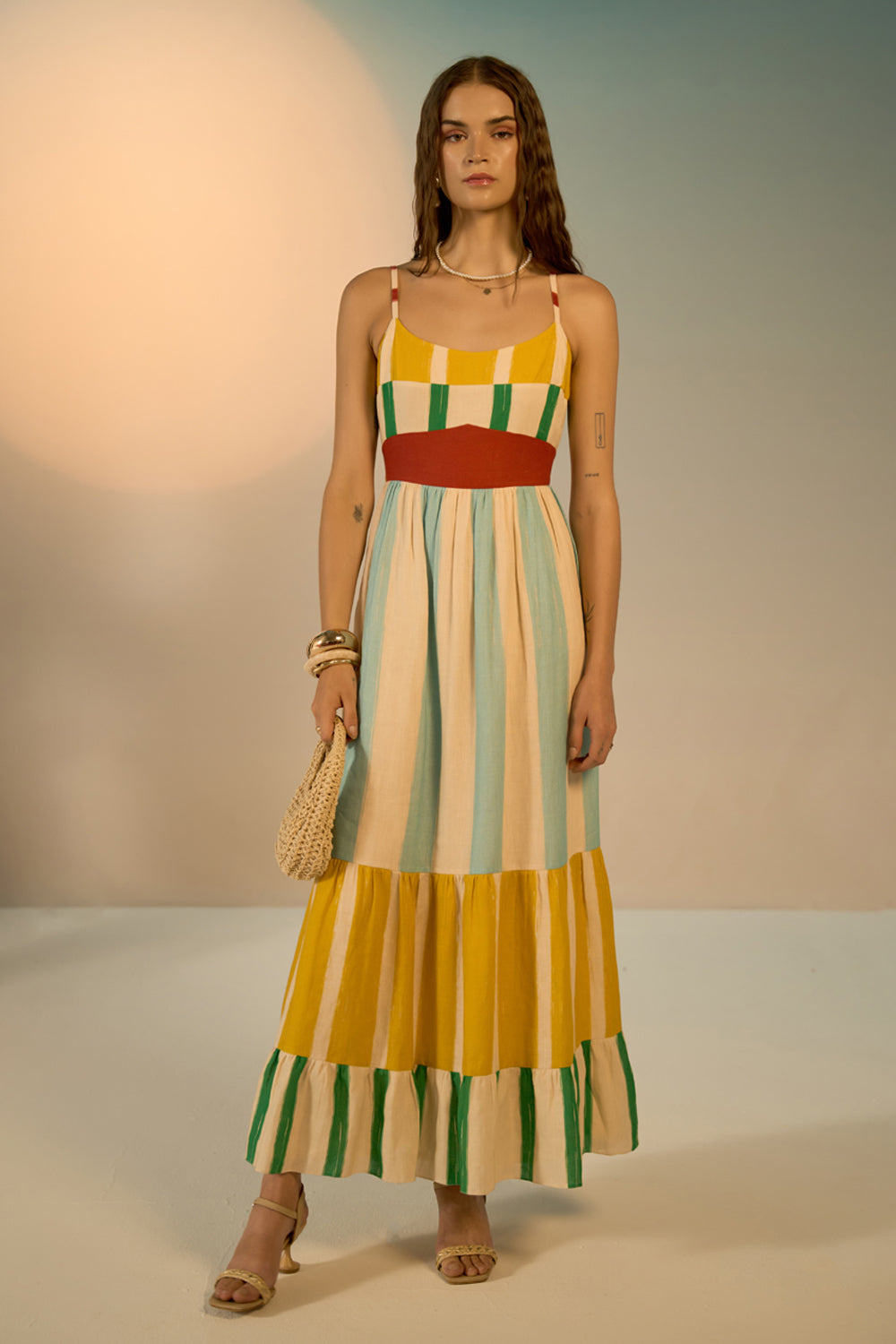 Aida spaghetti straps dress with bold yellow and cyan with red band cotton-linen perfect for brunch or holidays.