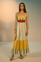 Aida spaghetti straps dress with bold yellow and cyan with red band cotton-linen perfect for brunch or holidays.