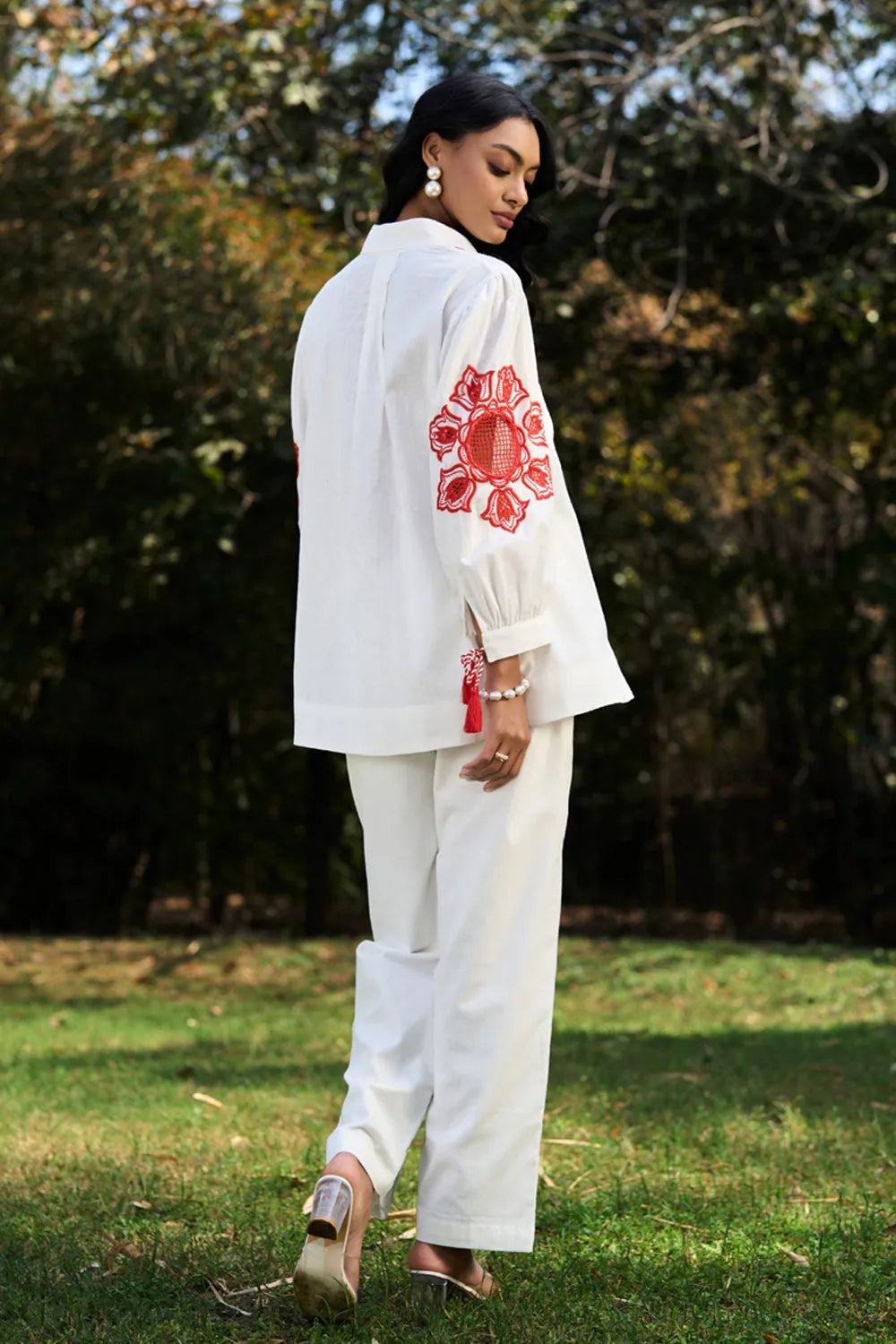Back view of Alira Embroidered Shirt with Pants Set in ivory with breathable cotton features intricate embroidery perfect for day to night outings, vacations.