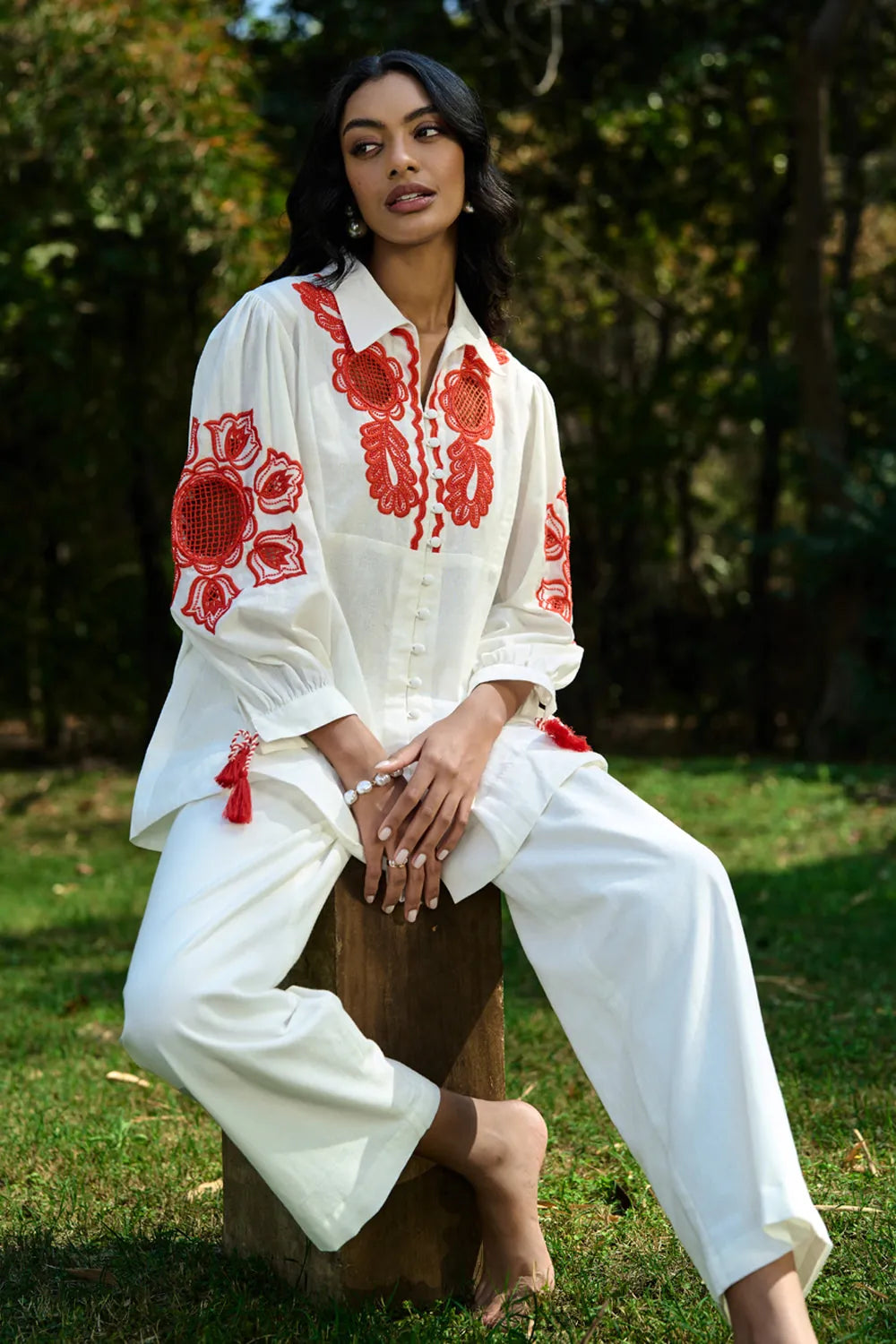 Alira Embroidered Shirt with Pants Set in ivory with breathable cotton features intricate embroidery perfect for day to night outings, vacations.
