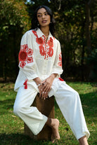 Alira Embroidered Shirt with Pants Set in ivory with breathable cotton features intricate embroidery perfect for day to night outings, vacations.