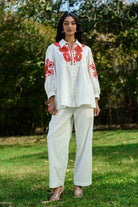 Alira Embroidered Shirt with Pants Set in ivory with breathable cotton features intricate embroidery perfect for day to night outings, vacations.