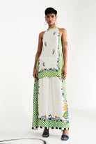 Anvesha multicolour printed co-ord set featuring a sleeveless long top with a relaxed straight silhouette, intricate floral and geometric prints, and matching wide-leg pants