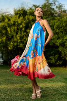 Arlo multicolour printed midi dress with sleeveless halter neckline, defined waist and flowing flared skirt
